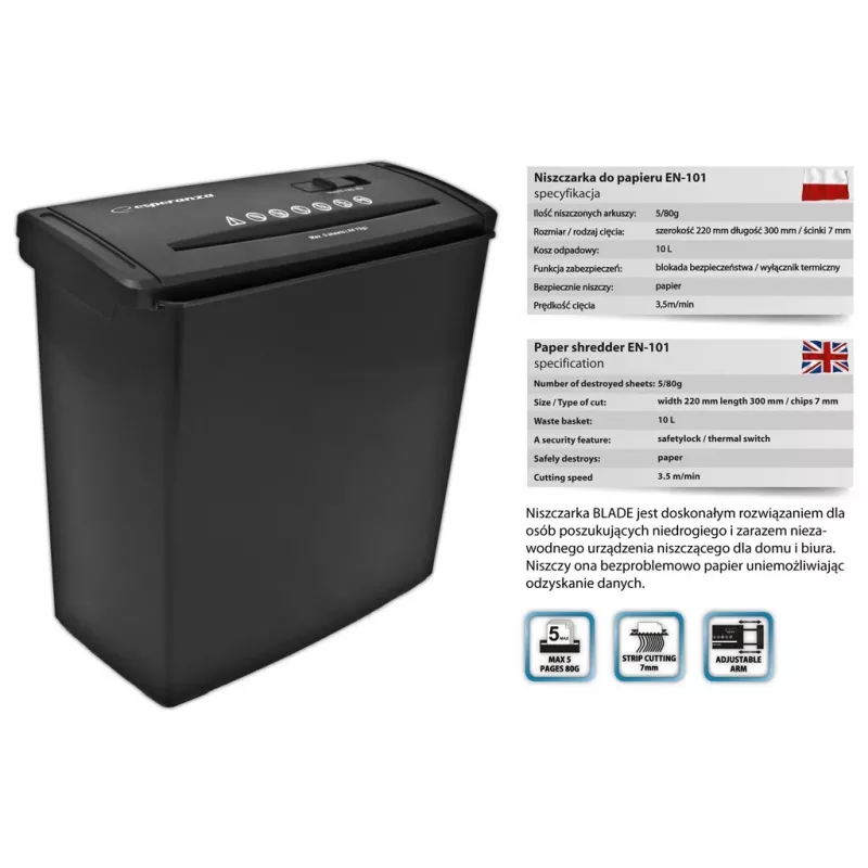 Esperanza EN101 Aktenvernichter Streifenschnitt 22 cm Schwarz