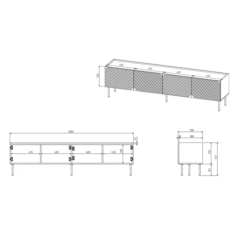 4D RTV-Schrank ONDA 200x40x35-54 schwarz (stehend oder wandmontiert)
