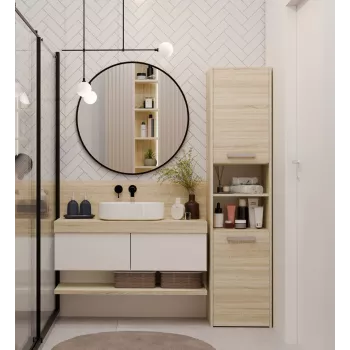 Badezimmer-Standschrank Top e shop S40 SONOMA — Eichenfarbener Rahmen, freistehend, 6 Regalböden, 400×300×1700 mm