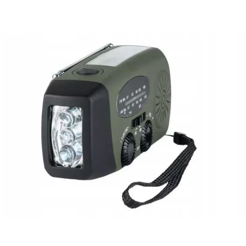 Notfallradio FOSCO 464600 mit LED-Taschenlampe, Powerbank, FM, IPX3, Solar-/Handkurbel-/USB-C-Ladung — grün/schwarz