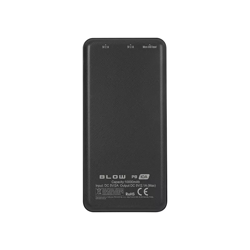 Tragbare Powerbank BLOW PB10A 10000mAh Polymer-Akku, 2x USB-A-Ausgänge, 22,5W Gesamtleistung, Micro-USB-Eingang, schwarz