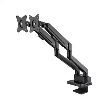 Manhattan Dual Desk Mount für TV & Monitore (Full Motion Gasdruckfeder) mit integriertem Dock, Für Bildschirme bis 27 Zoll, Anschlüsse (x7): Ethernet, HDMI (x2), USB-A (x3) und USB-C, Power Delivery (100 W) zum USB-C-Anschluss (separates USB-C-Netzteil/Kabel erforderlich), VESA: 75x75 und 100x100 mm