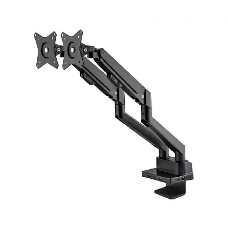 Manhattan Dual Desk Mount für TV & Monitore (Full Motion Gasdruckfeder) mit integriertem Dock, Für Bildschirme bis 27 Zoll, Anschlüsse (x7): Ethernet, HDMI (x2), USB-A (x3) und USB-C, Power Delivery (100 W) zum USB-C-Anschluss (separates USB-C-Netzteil/Kabel erforderlich), VESA: 75x75 und 100x100 mm