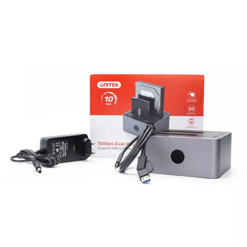 Dockingstation Unitek 51642 für 2,5-Zoll-/3,5-Zoll-SATA-Laufwerke, USB-C 10 Gbit/s, 2 Einschübe, Aluminium