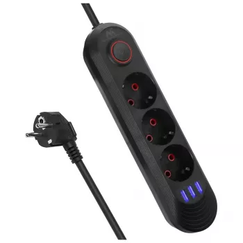 Steckdosenleiste MACLEAN MCE394 B — 3 Steckdosen + 3×USB A, 110–240V, 2,1A USB, 2500W, 1,5 m Kabel, schwarz