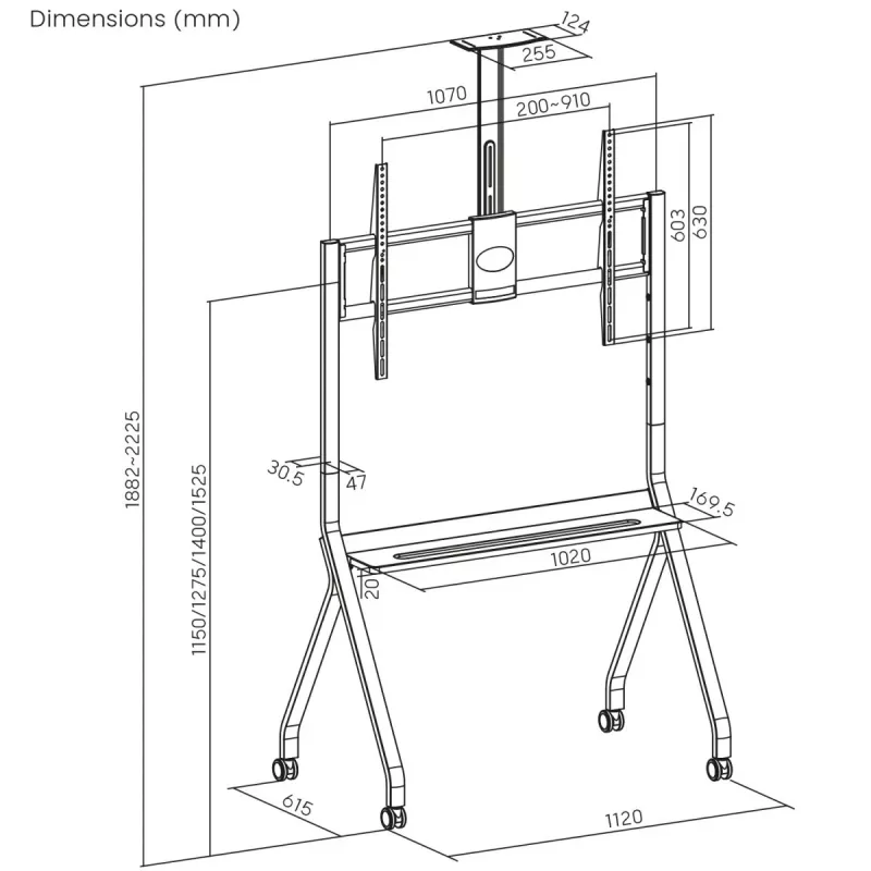Boden-TV-Ständer MACLEAN MC-114 W für Displays 55 Zoll–100 Zoll, weiß, VESA bis zu 900x600, maximale Belastung 120 kg, Höhe 115–152 cm, Ablage