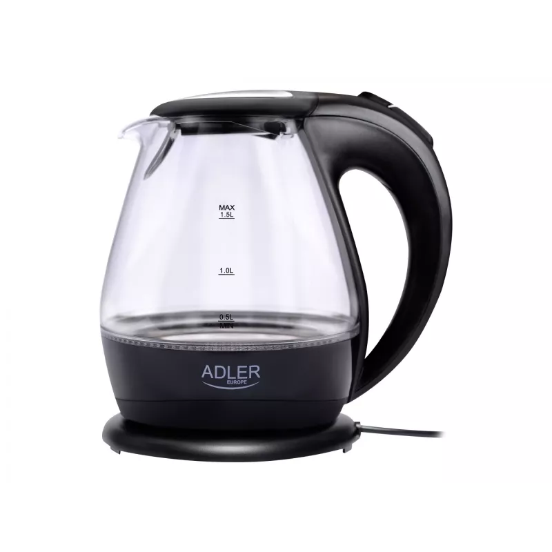 Wasserkocher | Adler | Wasserkocher | AD 1224 | Standard | 2000 W | 1,5 L | Glas | 360°-Drehsockel | Schwarz