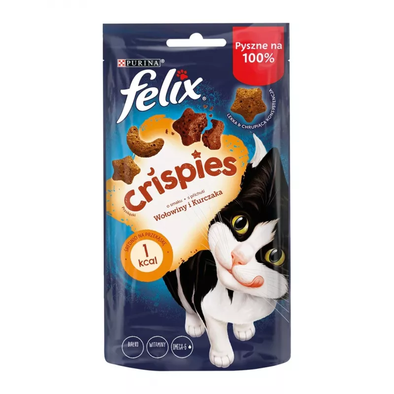 Trockene Katzenleckerli Felix Crispies Rind & Huhn 45 g — fleischiger knuspriger Snack für ausgewachsene Katzen, 31,5 % Protein, 15,5 % Fett