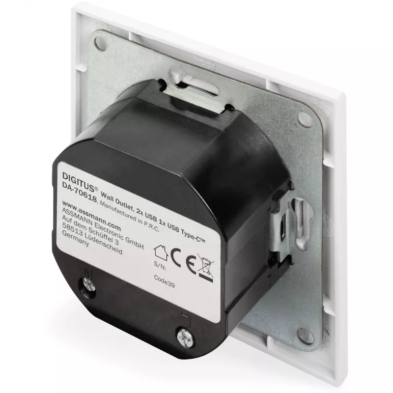 DIGITUS DA-70618 - USB-Ausgang - USB, USB Typ C - 2 USB-Anschlüsse, 1 USB-C-Buchse - 3,1 A - RAL 9003, Signalweiß