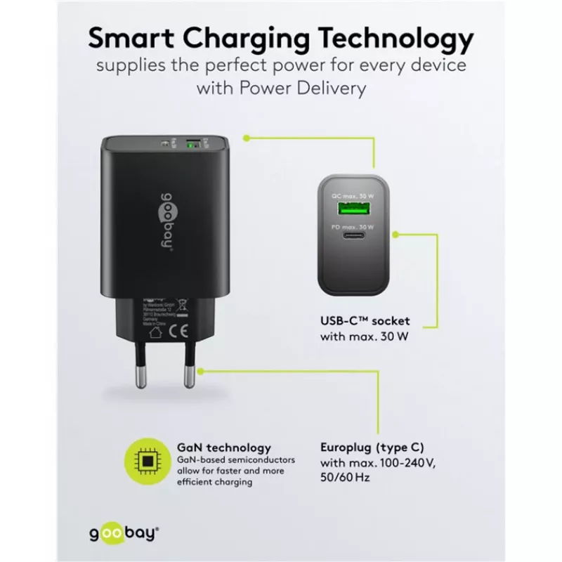 Goobay USB-C PD GaN Dual-Schnellladegerät 30 W schwarz (75335)