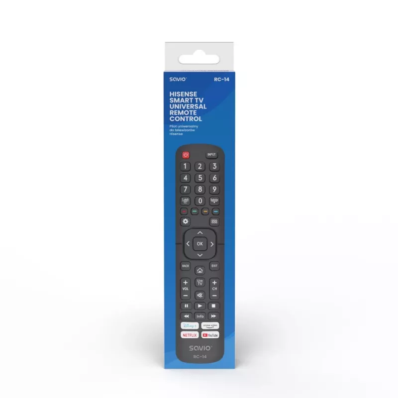 Universal-Fernbedienung SAVIO RC-14 für Hisense Smart TV, IR Wireless, unterstützt 14 Geräte, Reichweite bis zu 10 m, schwarz