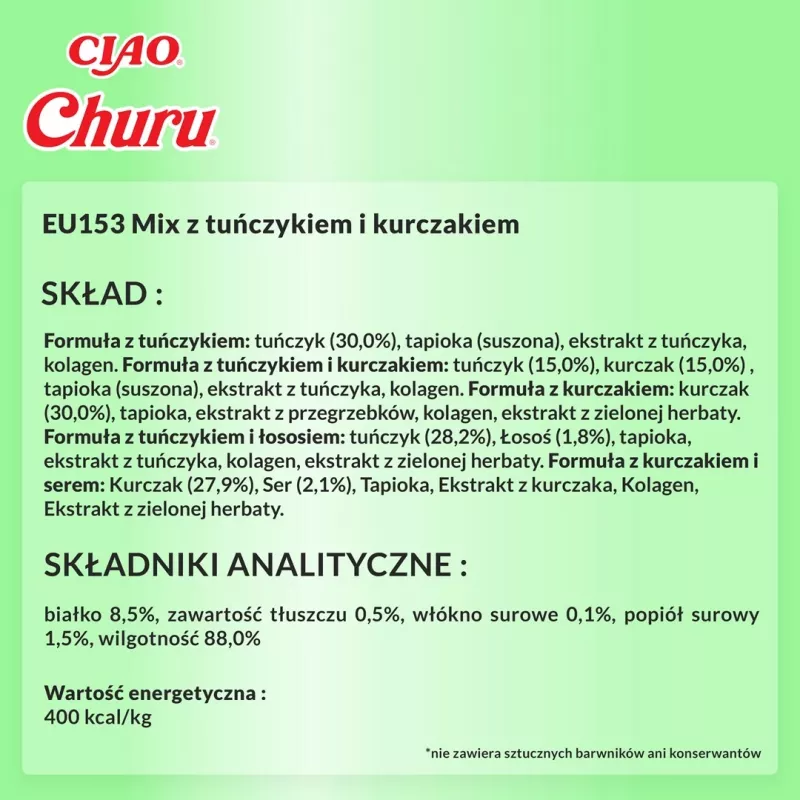 Feuchte Katzenleckerlis INABA Churu Sorten — Huhn und Thunfisch, 50 x 14 g Pastentuben, getreidefrei, gluten- und zuckerfrei