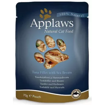 Nassfutter für Katzen Applaws Thunfischfilet mit Seebrasse 70 g — ausgewachsen, 16% Protein, 1% Fett, gluten- und sojafreier Beutel