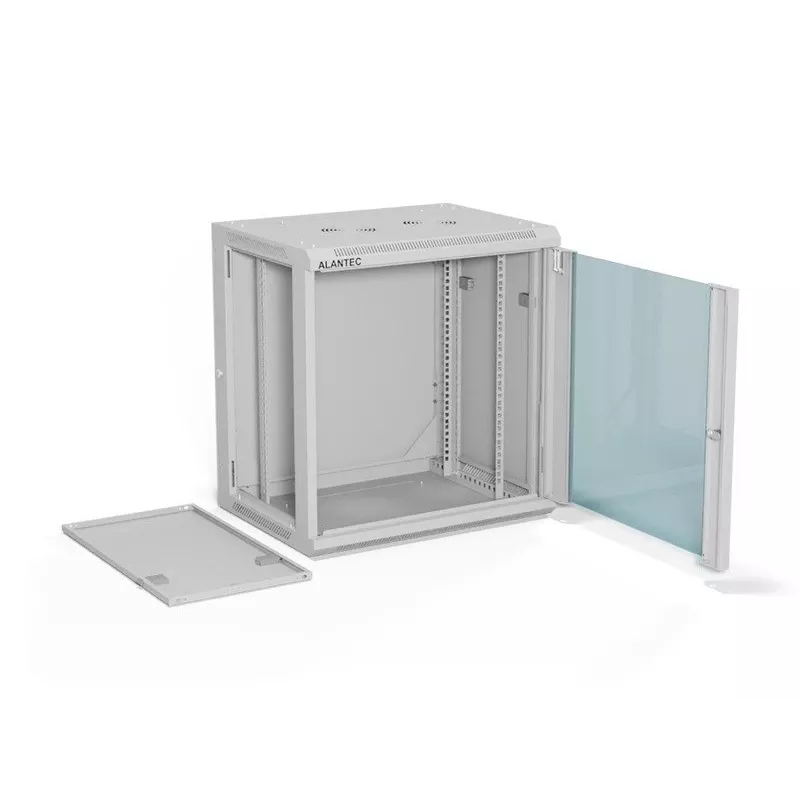 Wandmontage 19-Zoll-Schrank Alantec 12U 600x450 mm, einzelne Glastür, abnehmbare vollständige Rück- und Seitenwände, abschließbar, 4 Montageschienen, grau, flache Verpackung