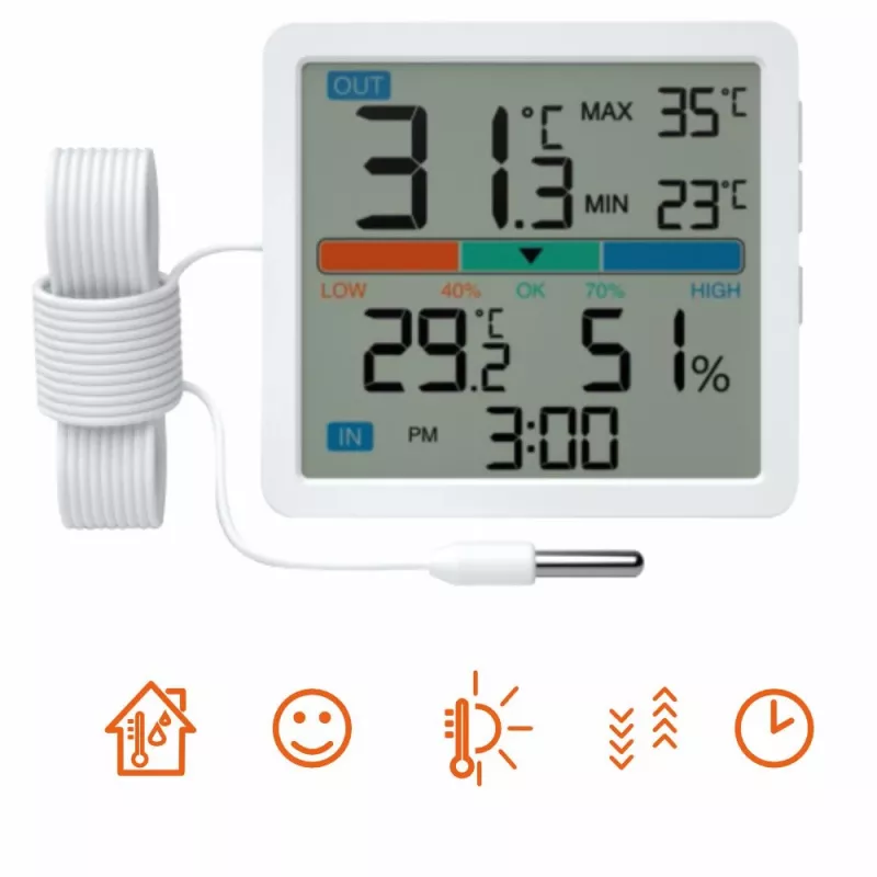 Thermometer‑Hygrometer MANTA MTO002W mit Außensensor (150 cm), innen 0–+50°C, außen -40–+70°C, Luftfeuchtigkeit 20–95% RH, Komfortindikator, Uhr
