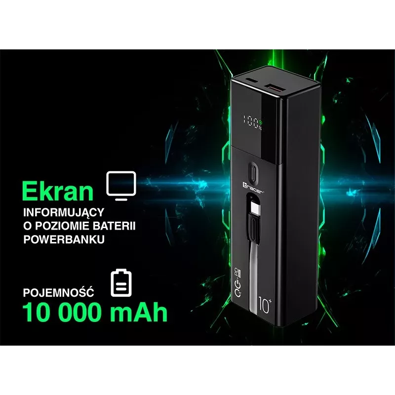 Tragbare Powerbank TRACER Quant 10000 mAh Li-Ion, PD & QC3.0, 3 Anschlüsse (2×USB-C, 1×USB-A), 100W, Schwarz