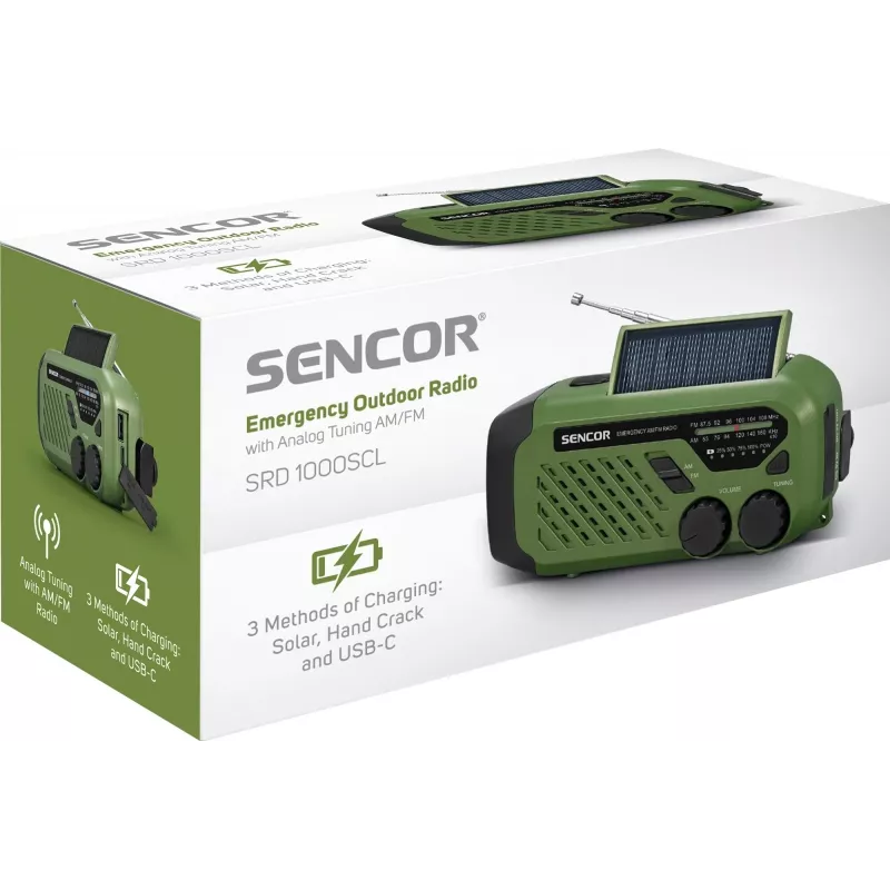 Tragbares UKW/MW-Radio SENCOR SRD1000SCLGR mit Bluetooth, Solar-/Kurbel-/USB-C-Ladung, 2000-mAh-Akku, IPX4, LED-Leuchten