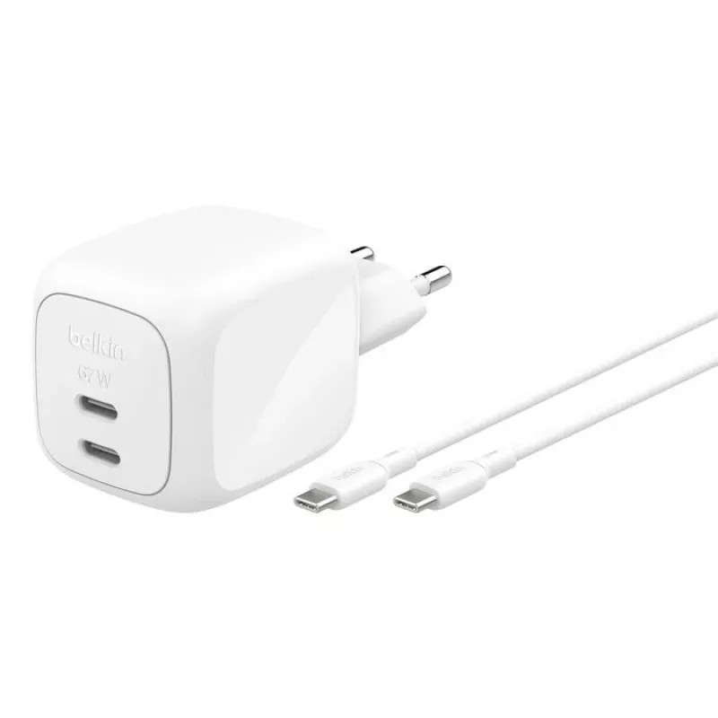Indoor-AC-Schnellladegerät Belkin WCH020KQ2MWH-B6 – 2x USB-C, 2 m integriertes Kabel, weiß