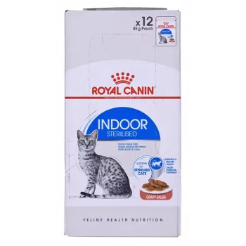 Nassfutter für Katzen Royal Canin Indoor Sterilized 85 g Beutel — ausgewachsene kastrierte Wohnungskatzen, Geflügelgeschmack, Packung 12 x 85 g
