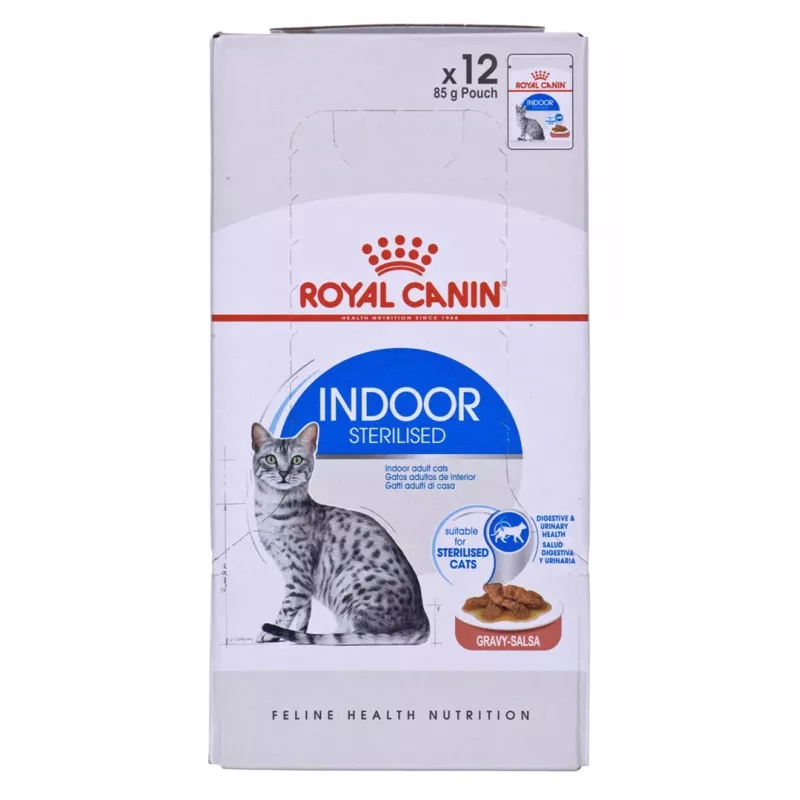 Nassfutter für Katzen Royal Canin Indoor Sterilized 85 g Beutel — ausgewachsene kastrierte Wohnungskatzen, Geflügelgeschmack, Packung 12 x 85 g