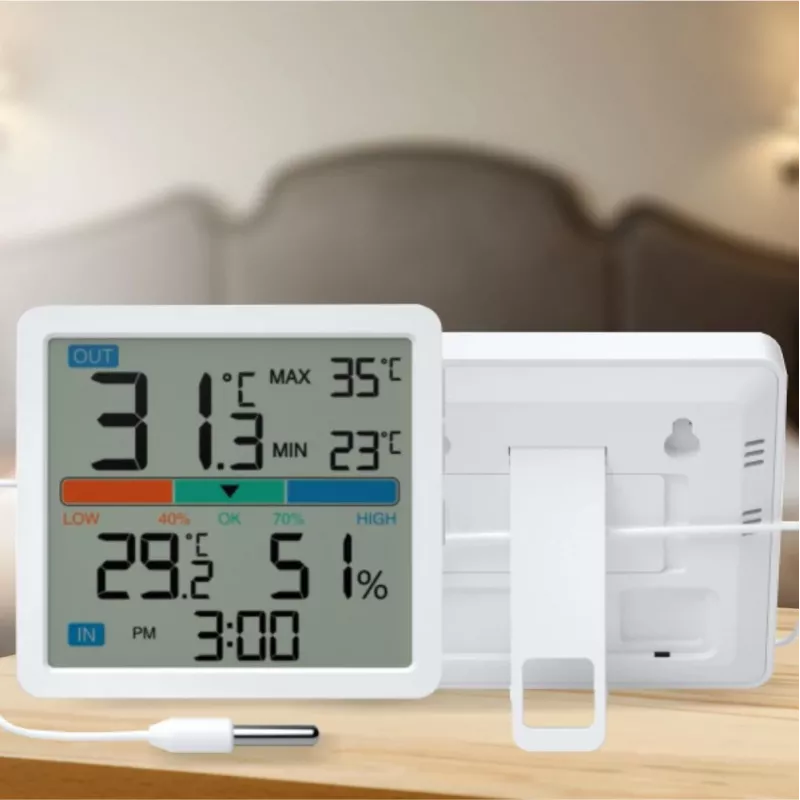 Thermometer‑Hygrometer MANTA MTO002W mit Außensensor (150 cm), innen 0–+50°C, außen -40–+70°C, Luftfeuchtigkeit 20–95% RH, Komfortindikator, Uhr