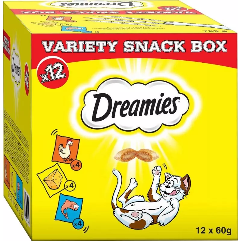 Katzenleckerli Dreamies Cheese, Chicken, Salmon Sortiment 12×60 g — fleischhaltige feste Snacks, Protein 31%, Fett 21%