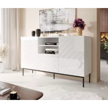 ABETO Kommode auf schwarzer Stahlrahmen 150x42x90 weiß/glänzend weiß