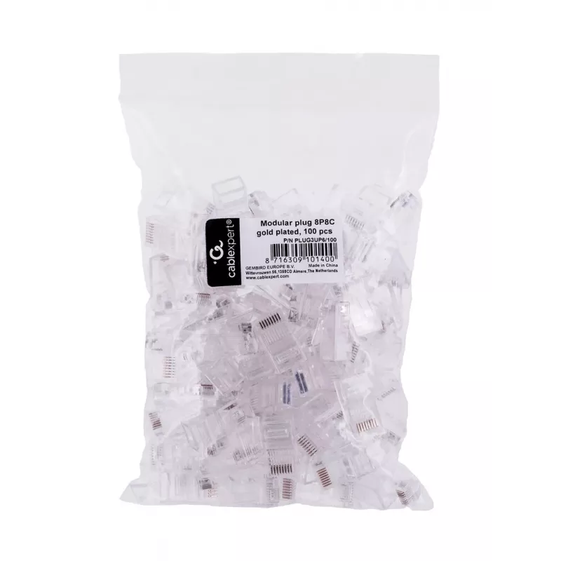 RJ45-Stecker GEMBIRD PLUG3UP6/100, Cat5, gerader Stecker, transparent, vergoldete Kontakte, 100er-Pack