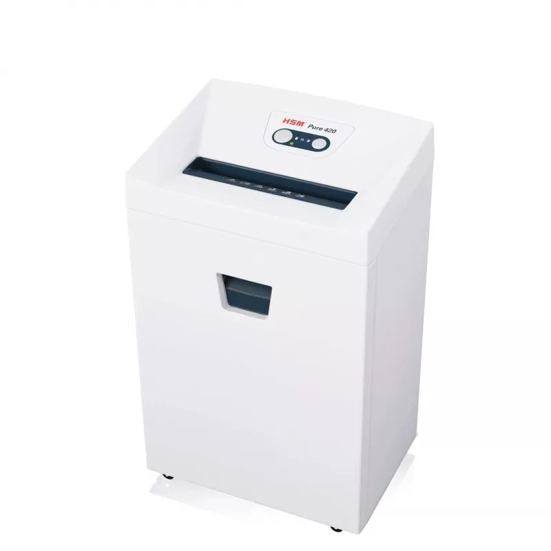Shredder HSM Pure 420 — Partikelschnitt P-4, 24 cm Arbeitsbreite, 15 Blatt Kapazität, 35 L Auffangbehälter, weiß