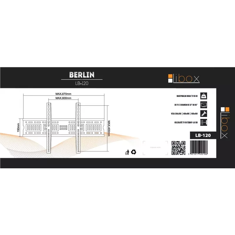 Wand-TV-Halterung LIBOX LB-120 für 32–85 Zoll (81,3 cm–2,16 m), bis zu 55 kg, VESA 200x200–600x400, neigbar, Stahl, schwarz