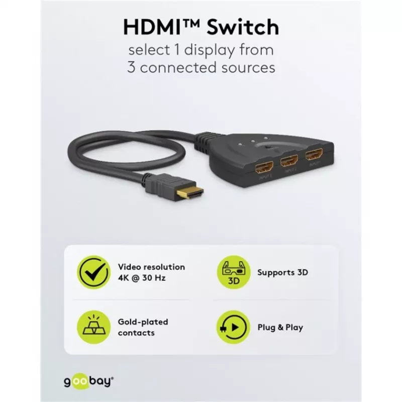 Goobay | HDMI Switch 3 zu 1 (4K @ 30 Hz) | 58487 | Schwarz | HDMI-Buchse | 3 HDMI-Buchse | 0,58 m