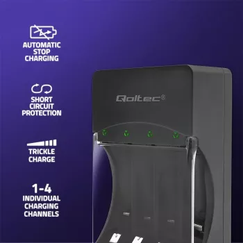 Batterieladegerät QOLTEC 50653 für Ni-MH AAA (R03) und AA (R6) Akkus, 220–240 V Eingang, 1,2 V Ausgang