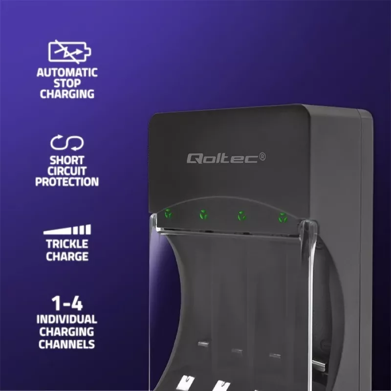 Batterieladegerät QOLTEC 50653 für Ni-MH AAA (R03) und AA (R6) Akkus, 220–240 V Eingang, 1,2 V Ausgang