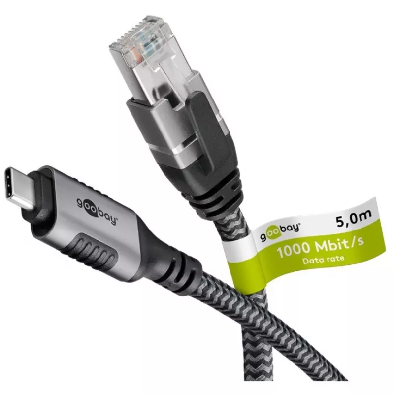 Ethernet-Kabel USB-C 3.2 Gen2 Stecker > RJ-45 Stecker (schwarz/Silber, 5 Meter, geflochtenes Textilmantel)