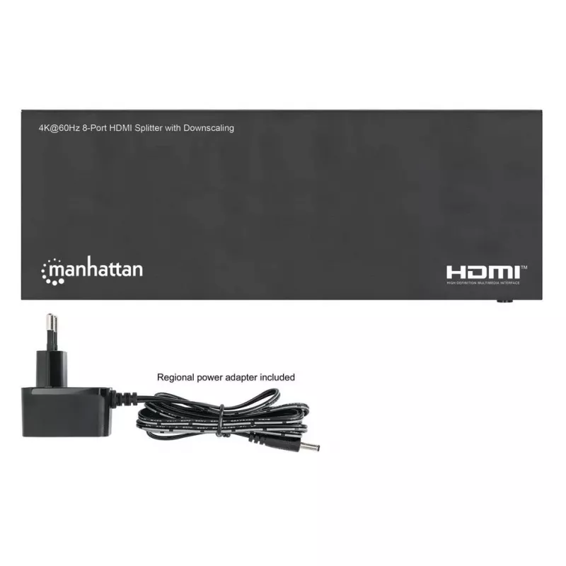 Manhattan 4K@60Hz 8-Port HDMI-Splitter mit Downscaling, verteilt ein HDMI-Eingangssignal auf acht HDMI-Ausgänge (1x8), 18G, EDID-Schalter für Downscaling, Schwarz