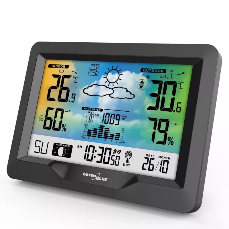 Hygrometer Thermometer GreenBlue GB540 — indoor 0–50°C / outdoor -20–65°C, DCF-Uhr, Außensensor 60 m, schwarz