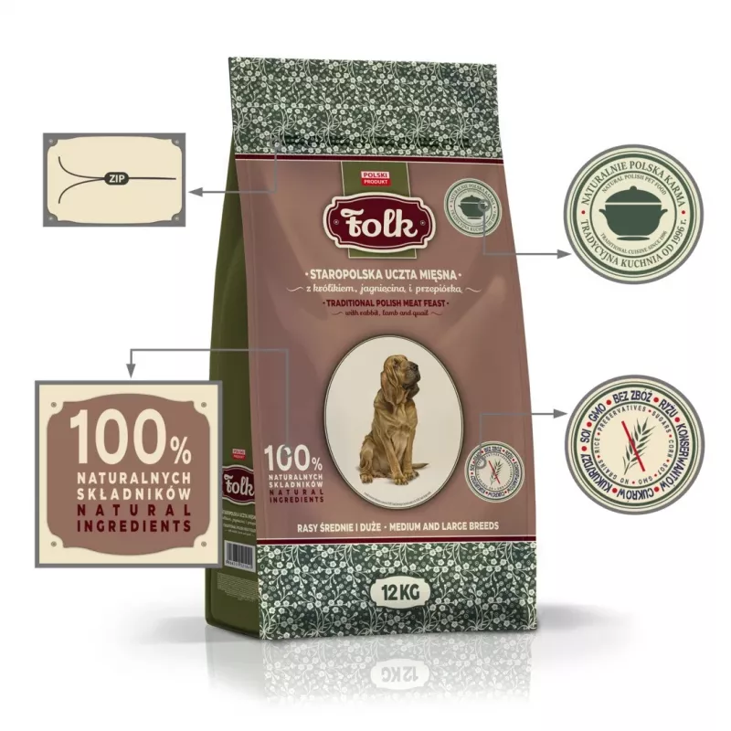 FOLK Medium and large breeds Traditional polish meat feast mit Kaninchen, Lamm und Wachtel - Trockenfutter für Hunde - 12kg