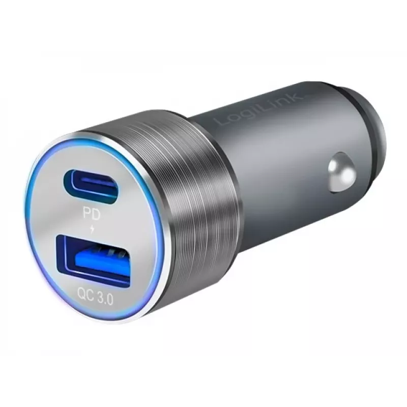 LogiLink Auto-Netzteil – 36 Watt – 3 A – PD 3.0, QC 3.0 – 2 Ausgangsports (USB, 24-poliger USB-C)