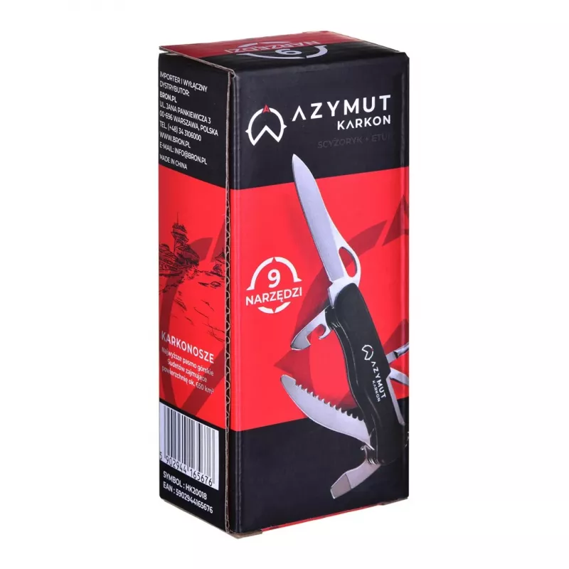Taschenmesser AZYMUT HK20018 — vollwertiges Multitool, 9 Funktionen, 420J2/3CR13 Edelstahl, geschlossen 11 cm, 146 g, Lederetui, Schlüsselring