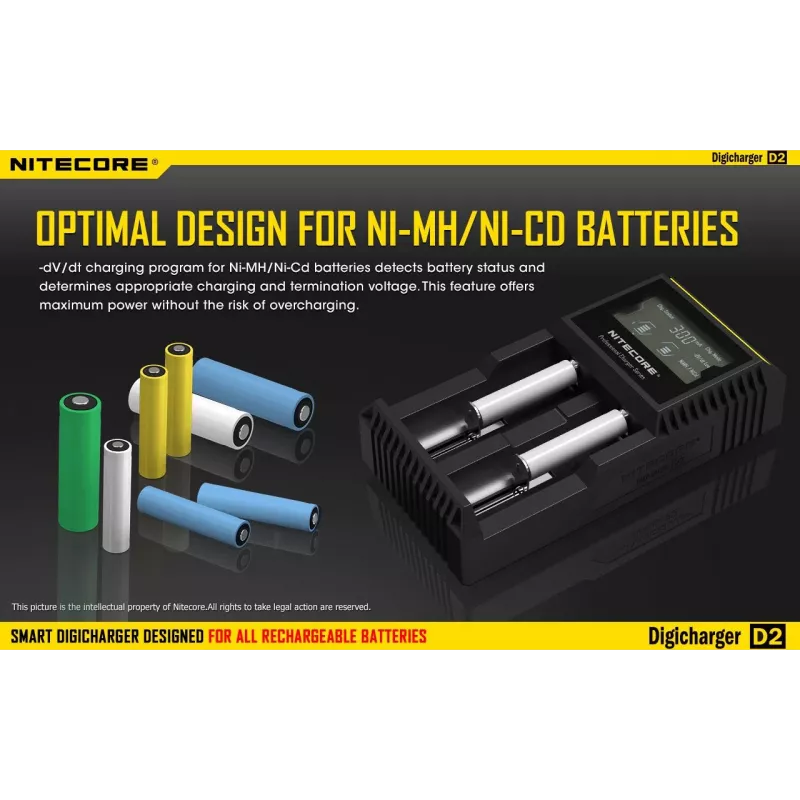 Batterieladegerät Nitecore D2 — 2‑Schacht-Ladegerät für AA/AAA/AAAA/C-Akkus, 100–240V Eingangsspannung, 4,2V Ausgangsspannung, schwarz