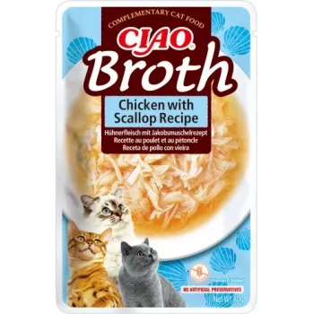 Nasses Katzenleckerli INABA Ciao Broth Huhn & Jakobsmuschel 40 g Beutel, flüssiger fleischiger Sachet, 88 % Feuchtigkeit, 9,4 % Protein