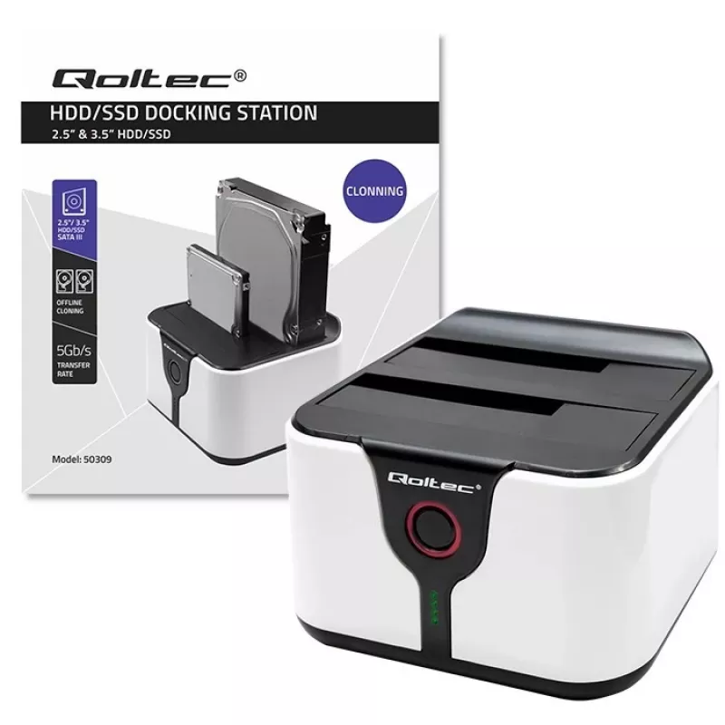 Qoltec 50309 HDD SSD 2.5 3.5 Dockingstation | SATA III | USB 3.0 | Super Speed 5 Gb/s | mit Klonfunktion
