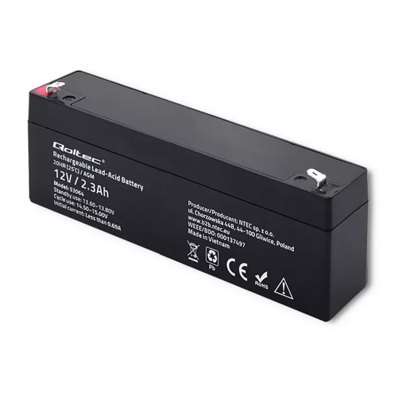 Versiegelte AGM-Batterie QOLTEC 12V 2,3Ah für USV- und Backup-Systeme, max. Entladung 34,5A