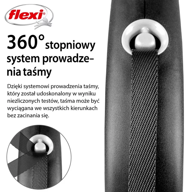 Flexi Schwarz Design M, Rollleine mit Band, 5 m, für mittelgroße Hunde (10–25 kg), max. Belastung 20 kg