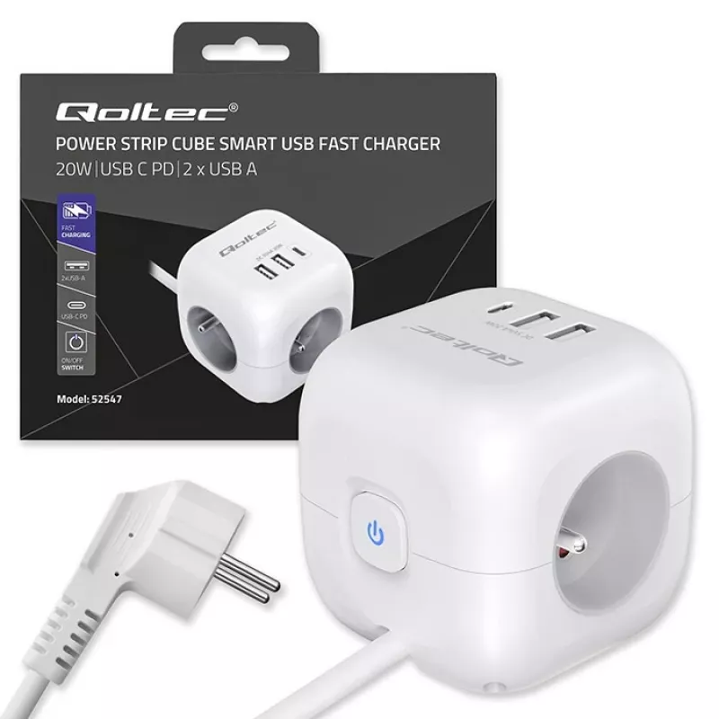 Power Cube QOLTEC 52547 Steckdosenleiste 3×AC-Steckdosen, 2×USB-A, 1×USB-C PD 20W