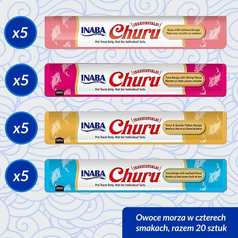 Feuchte Katzenleckerli INABA Churu Variety Box Seafood — 20 x 14 g Tuben, Fischpaste, getreidefrei, zucker- und glutenfrei