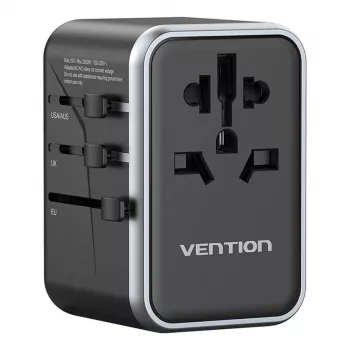 Vention Reiseadapter FJFB0 65W — 2× USB-C PD/PPS, 2× USB-A (QC/BC), HDMI-Ausgang, Aluminium/schwarz