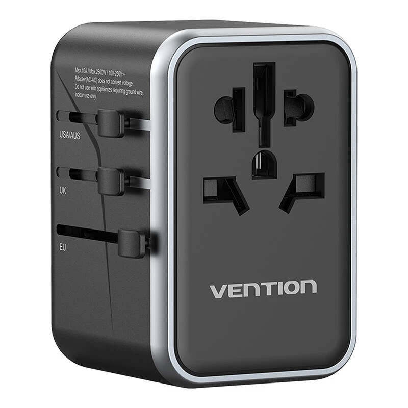 Vention Reiseadapter FJFB0 65W — 2× USB-C PD/PPS, 2× USB-A (QC/BC), HDMI-Ausgang, Aluminium/schwarz