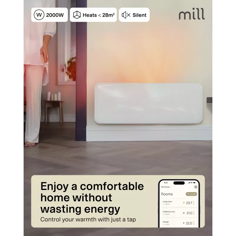 Mill Invisible Smart WiFi Heater | PA2000WIFI4 | Panel-Heizgerät | 2000 W | Geeignet für Räume bis zu 24-28 m² | Weiß | IPX4