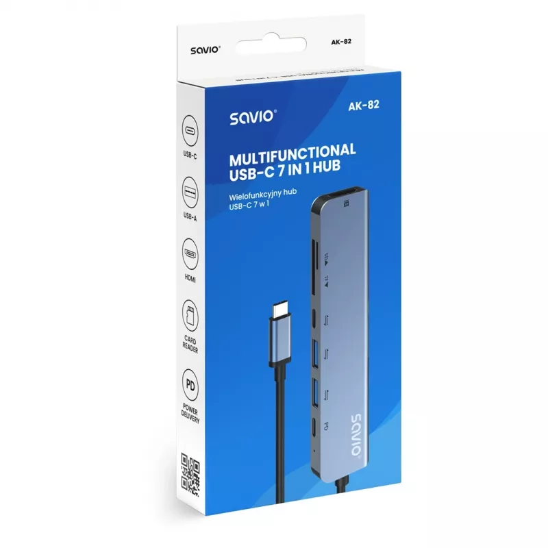 USB Typ-C Hub SAVIO AK-82 mit HDMI, MicroSD, USB 3.2 Gen1, PD-Durchgang, 4K@30Hz, 5000 Mbit/s, schwarz